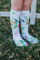 White Light Pink Bunny Floral Knee High Socks