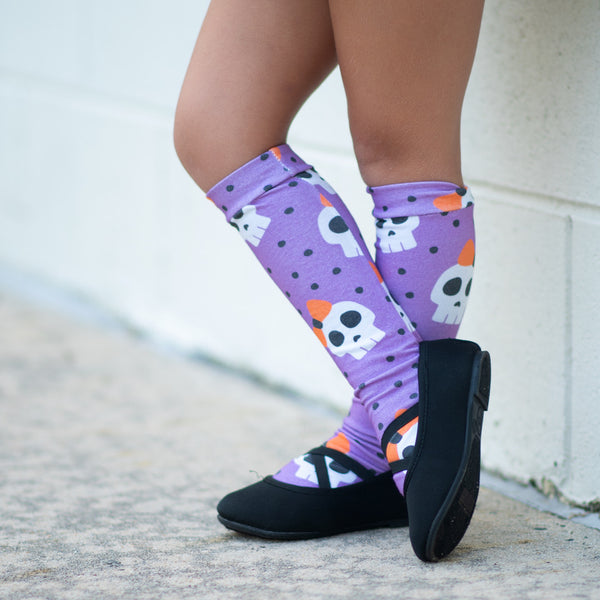 Purple Skulls & Orange Bow Knee High Socks