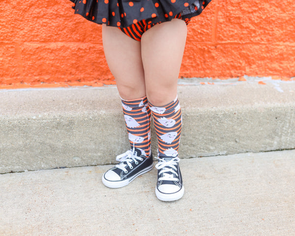 Black & Orange Striped Ghost Knee High Socks
