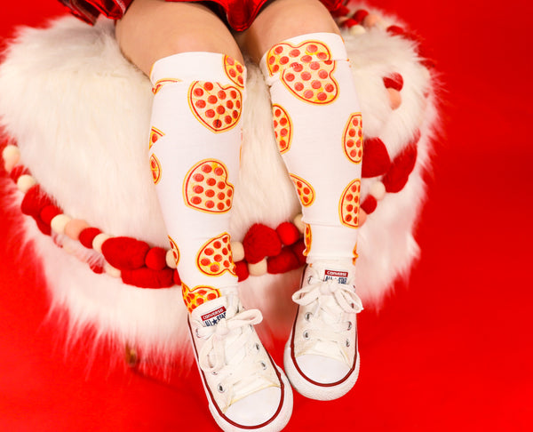 White Pizza Heart Knee High Socks