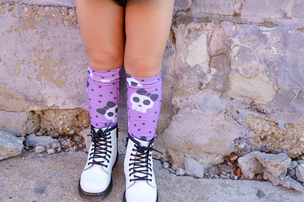 Purple Skulls & Black Bow Knee High Socks