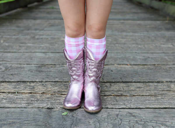 Baby Pink Gingham Scarecrow Knee High Socks