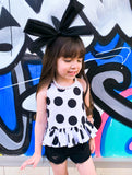 White & Black Lrg Dot Ruffled Halter Top