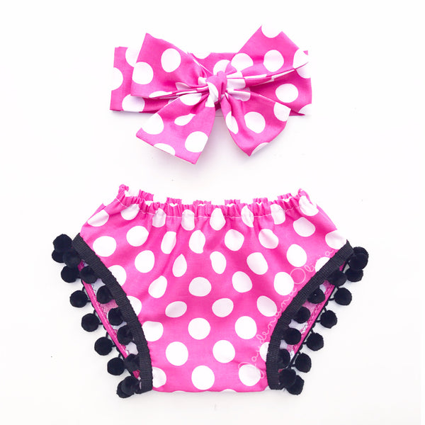 Hot Pink Polka Dot BLACK Pom Pom Shorties