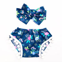 Navy & Hot Pink Floral WHITE Pom Pom Shorties