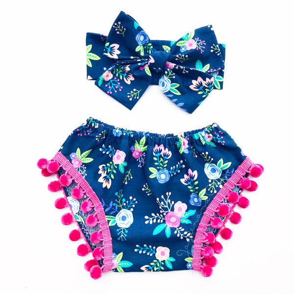 Navy & Hot Pink Floral PINK Pom Pom Shorties