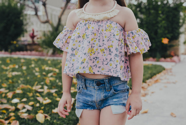Baby Pink & Yellow Floral Flutter Sleeve Top