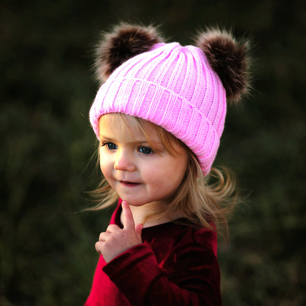 Baby Pink Sweater Beanie Faux Fur Poms
