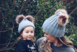 Mommy & Me ASH GREY Sweater Beanie Faux Fur Poms