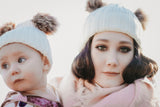 Mommy & Me OATMEAL Sweater Beanie Faux Fur Poms