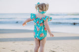 Teal Floral Flutter Sleeve/Neck Romper