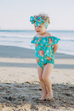 Teal Floral Flutter Sleeve/Neck Romper