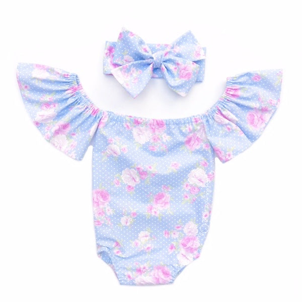 Baby Blue Floral Tiny Dot Flutter Sleeve Romper