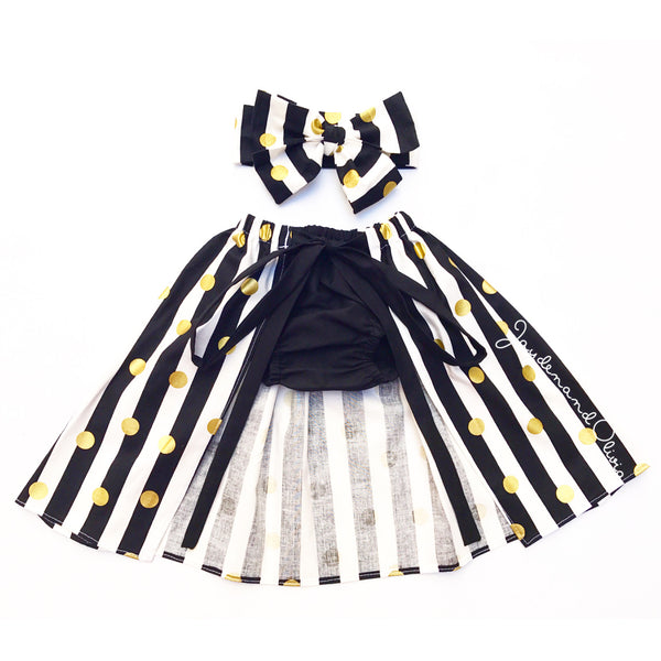 Black Stripe Gold Dot Cape Skirt & Bloomer Set