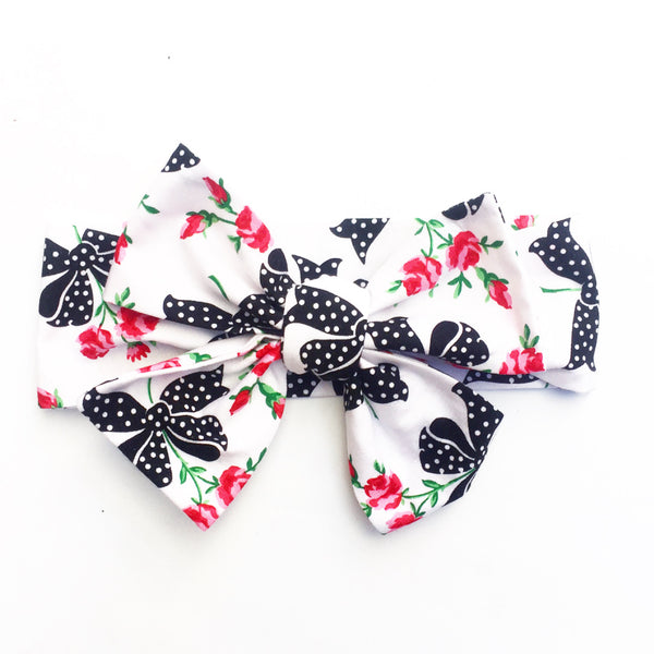 Black & White Bow Red Rose Head Wrap