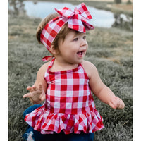 Lrg Red Gingham Ruffled Halter Top