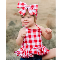 Lrg Red Gingham Ruffled Halter Top