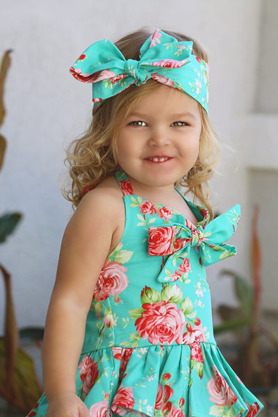 Teal floral "That Bow Though" Top