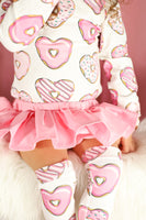 White & Pink Donut Hearts Long Sleeve Leotard