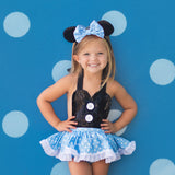 CLASSIC Black SPARKLE Baby Blue Dot Minnie Eyelet SKIRT Romper