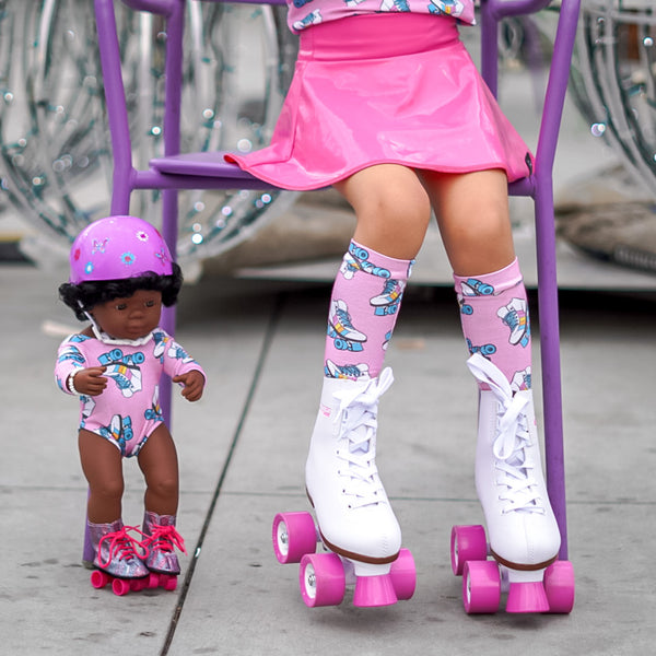 Pink Roller Skates Knee High Socks