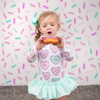 Pink & Mint Donut Hearts Long Sleeve Leotard