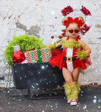 Sparkle Grungy Grinch Santa Suit Romper