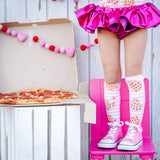 PINK Pizza Hearts Stripe Knee High Socks