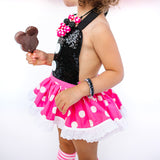 CLASSIC Black SPARKLE Bubblegum Pink Dot Minnie Eyelet SKIRT Romper