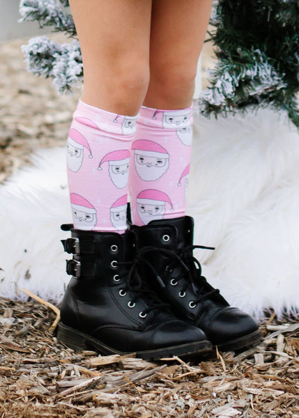 Pink Santa Faces Knee High Socks