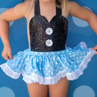 CLASSIC Black SPARKLE Baby Blue Dot Minnie Eyelet SKIRT Romper